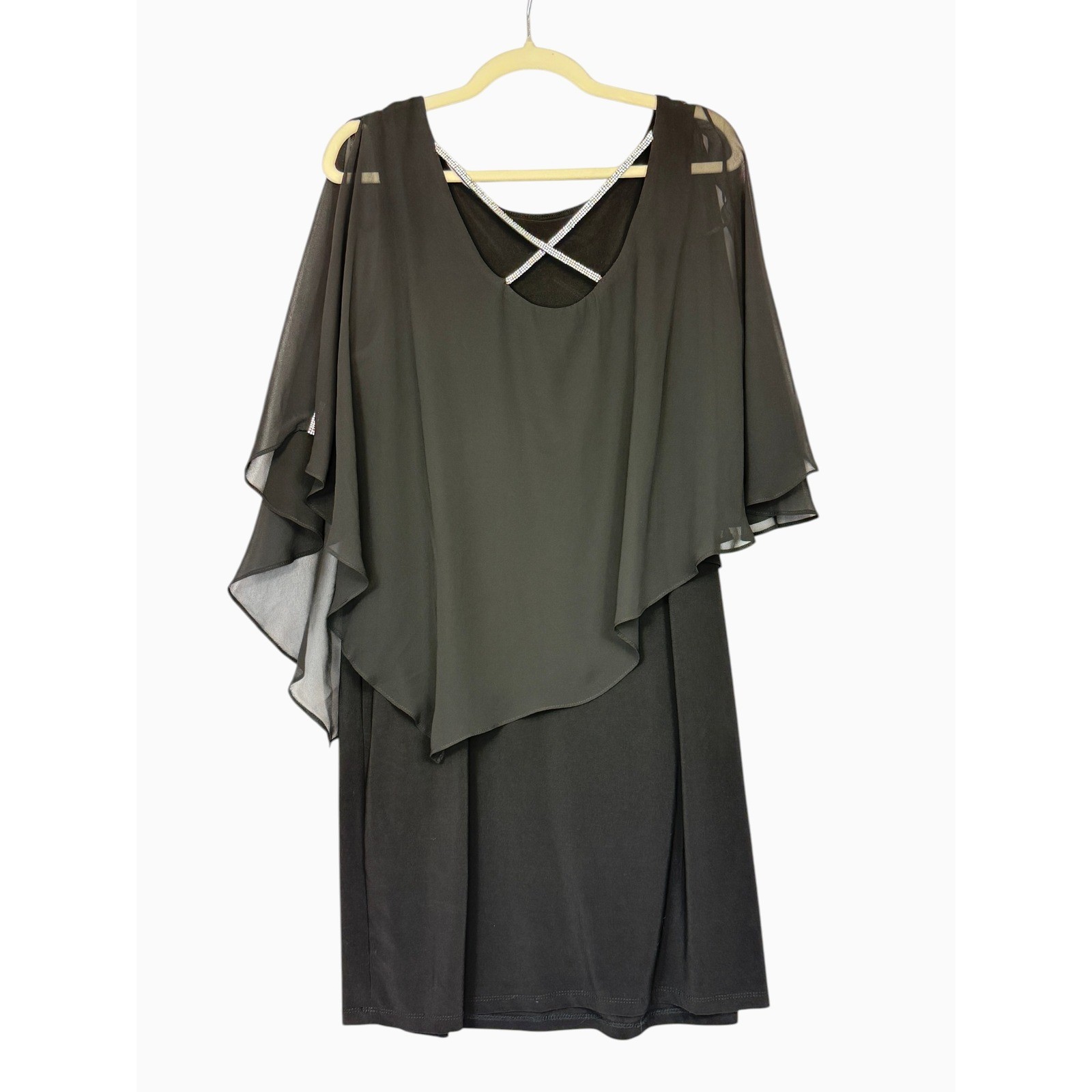 MSK Women’s XL Black Rhinestone Trim Cape Overlay Cocktail Dress NWOT