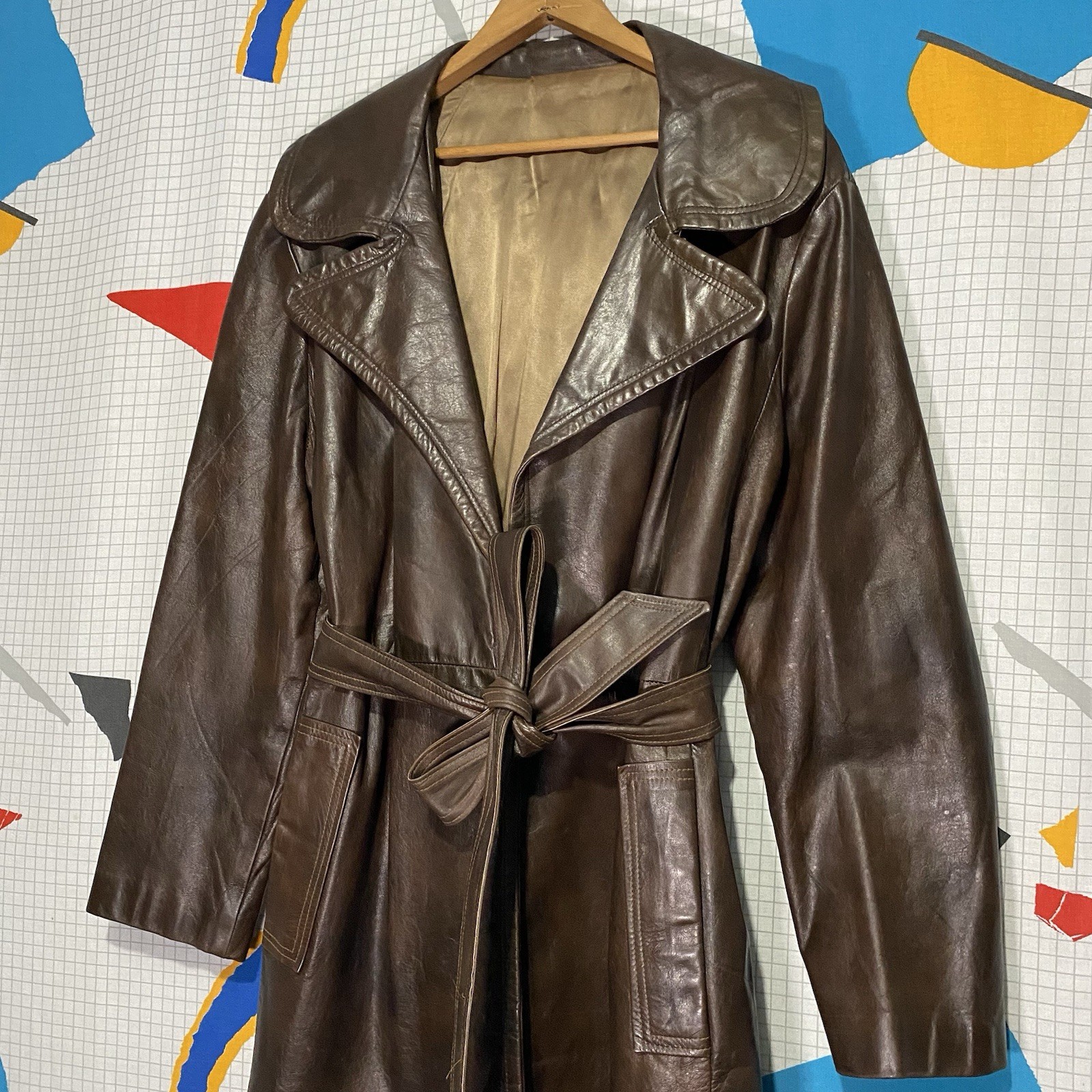 Vintage 60s Hide Leather Trench Coat Belt Wrap Open Wide Spread Lapel Altman