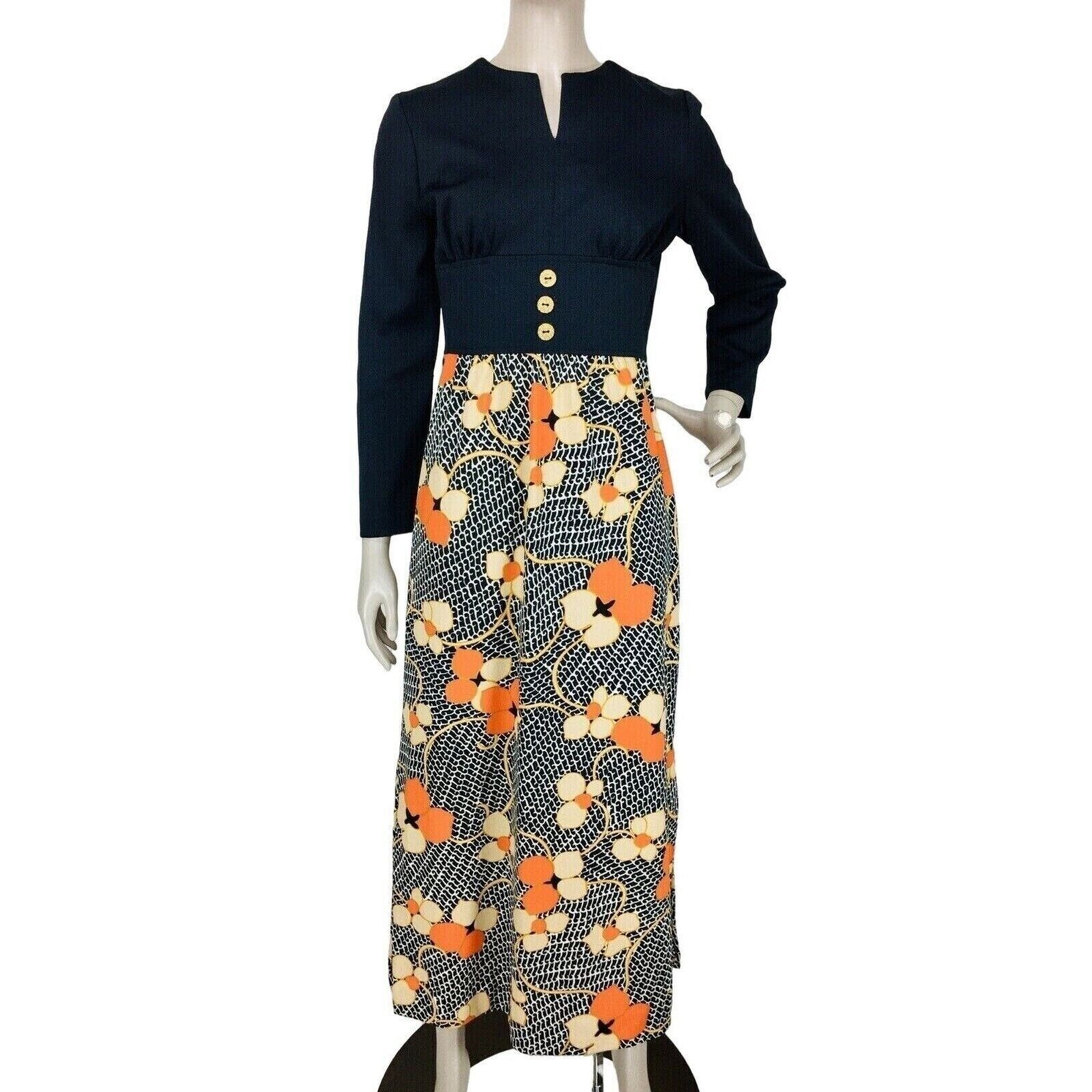 Vintage 70s MOD Floral Cinched Empire Waist Double-Knit Textured Maxi Dress NEW