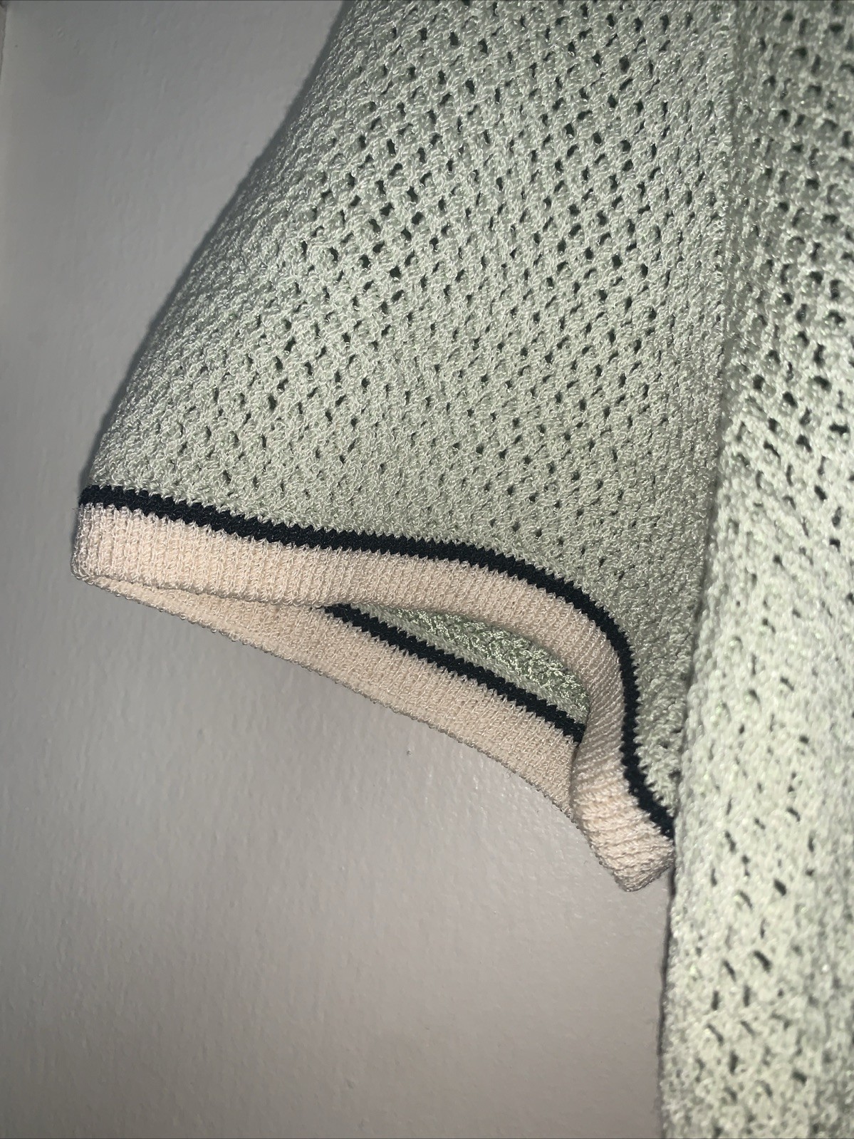 Vintage St John Knit Sweater Size S/M 80s Pale Mint Green Ivory Black Trim