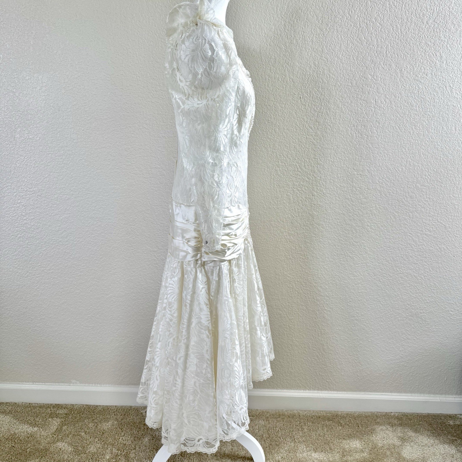 Vintage 80s Bonnell White Lace Chiffon Hi Lo Dress Wedding Prom Party Deco Sz M
