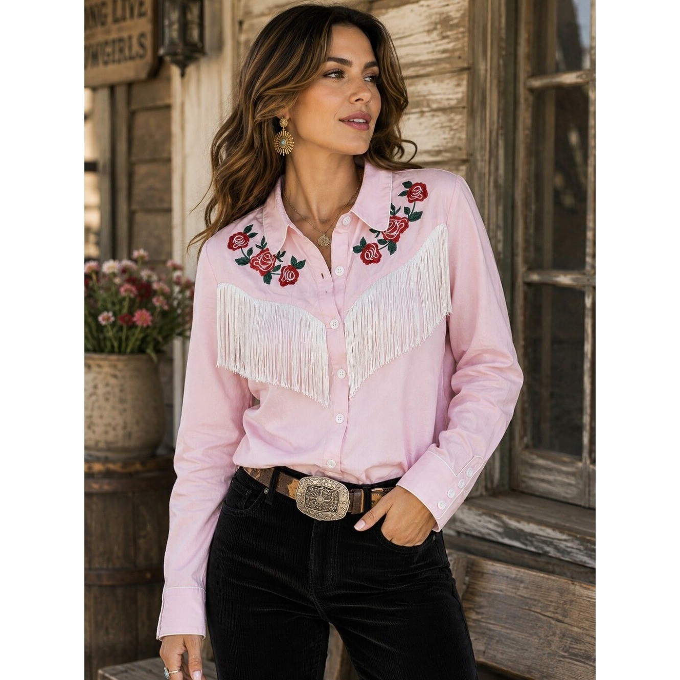 TailorLeads Pink Western Fringe Rose Embroidered Button Shirt XL NWT Rodeo