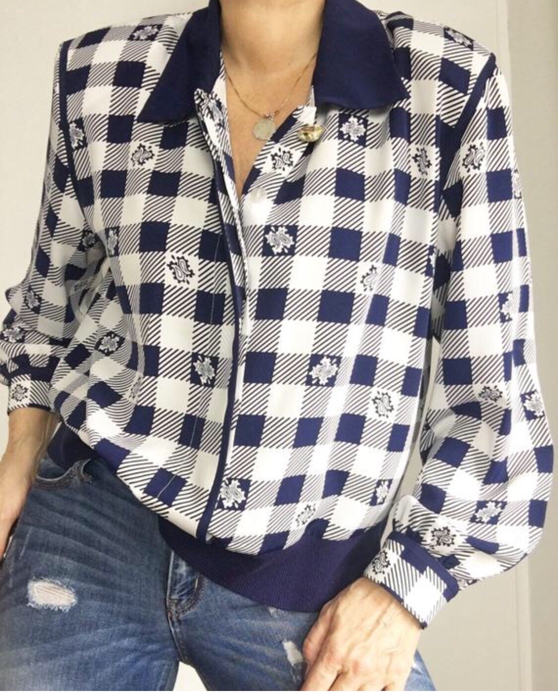 Vintage Blue White Checked Plaid Blouson Blouse Tartan Casual Or Business