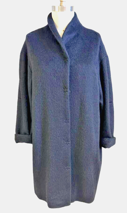 Marimekko Mollis Mohair Wool Blend Black Sack Coat Hidden Snap Pockets L