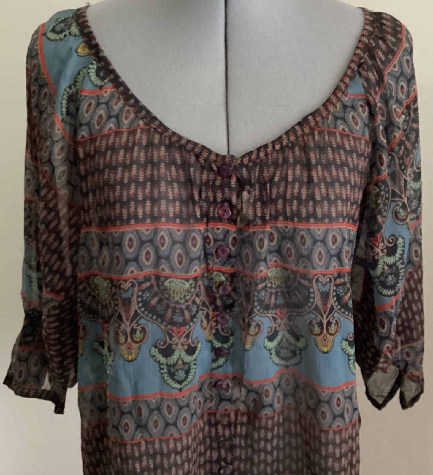 VTG Passport Pier 1 black teal pattern scoop v neck button sheer BOHO 3/4 sleeve