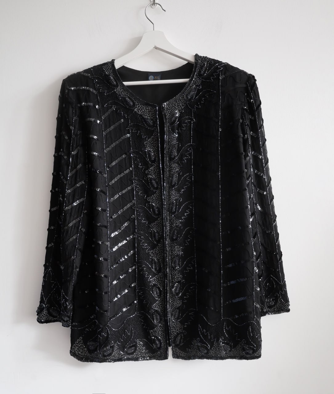 Vintage 100% Silk Beaded Sequin Black Evening Jacket C&A Your Sixth Sense XL