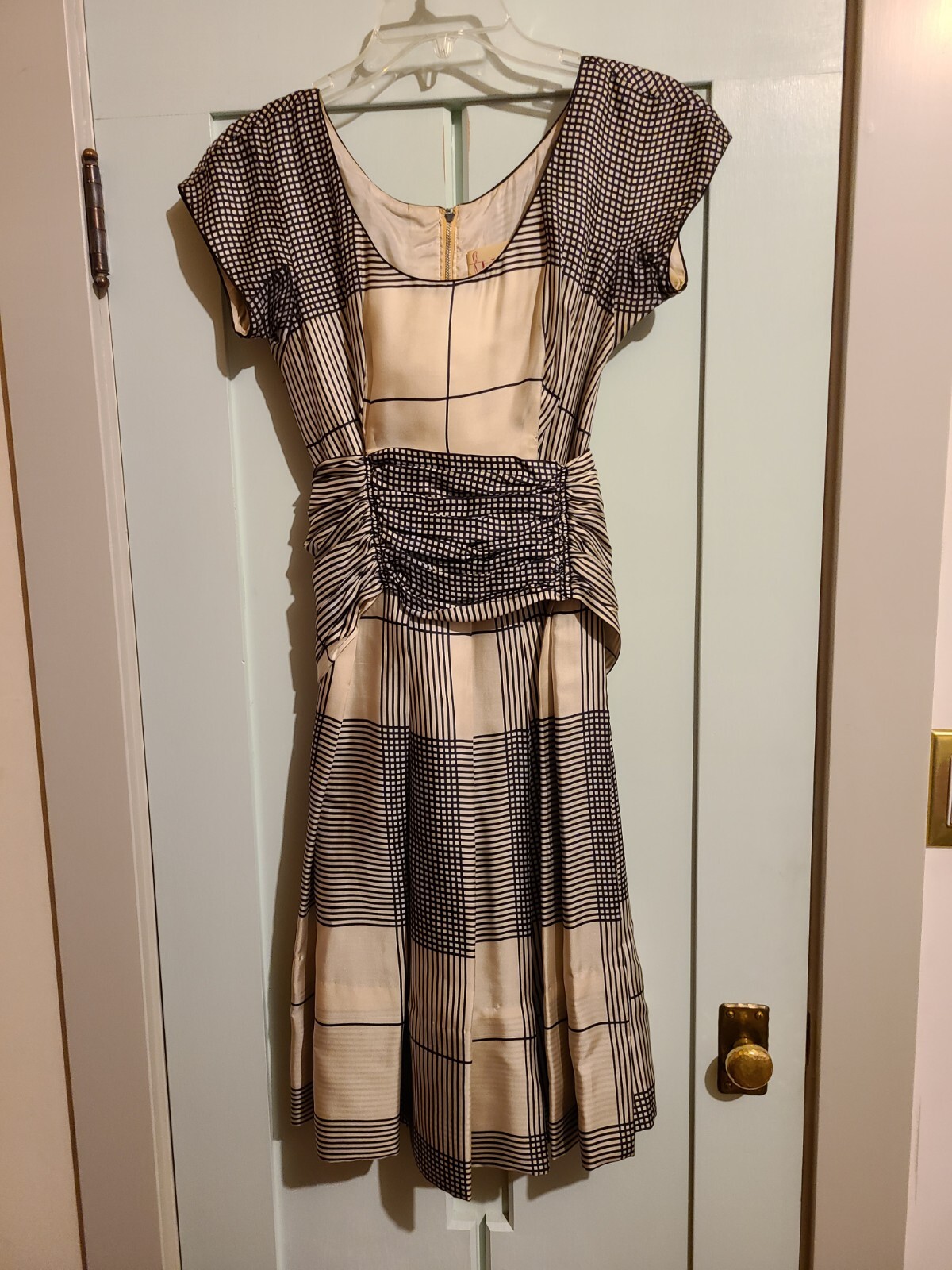 Vtg 50’s New Look Silk Abstract Full Skirt Fit N Flare Cummerbun Details Dress S