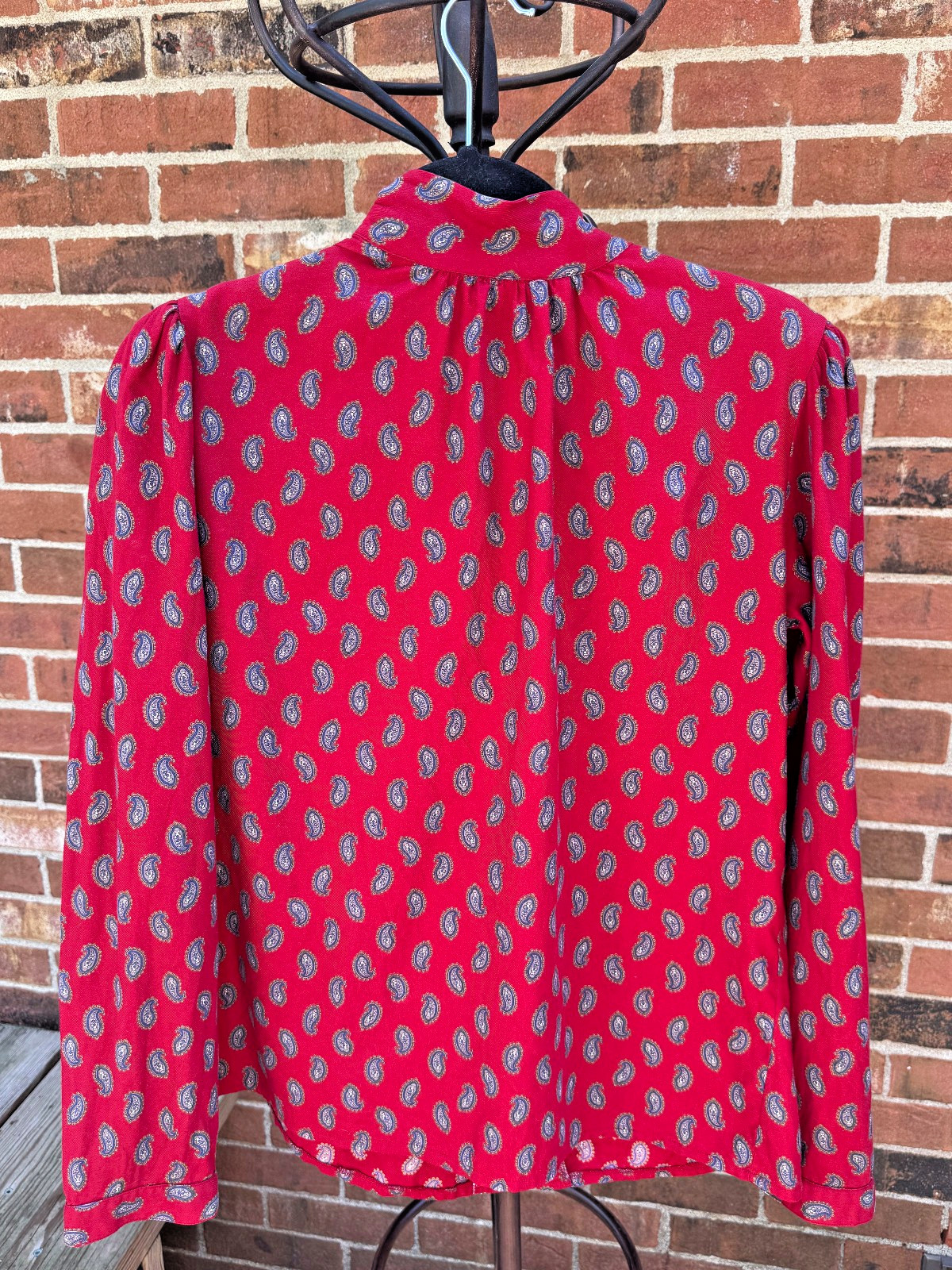 RARE Vintage EDWARD Ireland Red Paisley Pussy Bow Blouse Modal Cotton Sz 8 Small