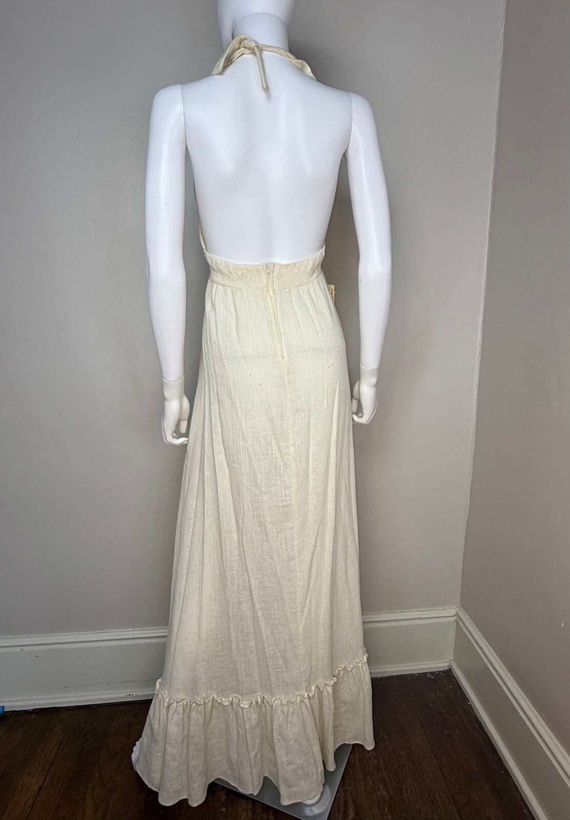 Vtg 1970s Cream Gauze Halter Maxi Dress Daffy California Casual Corner 70s Boho