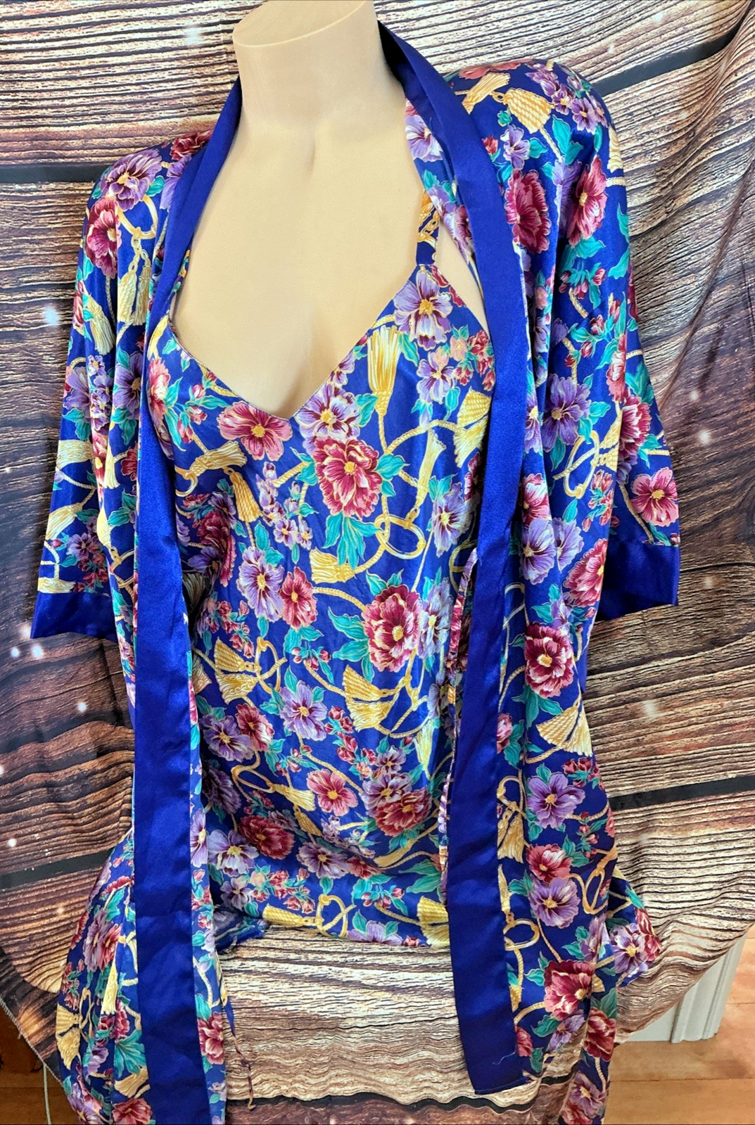 Vintage JO Intimates Chemise & Robe Set Floral Polyester Set Size S