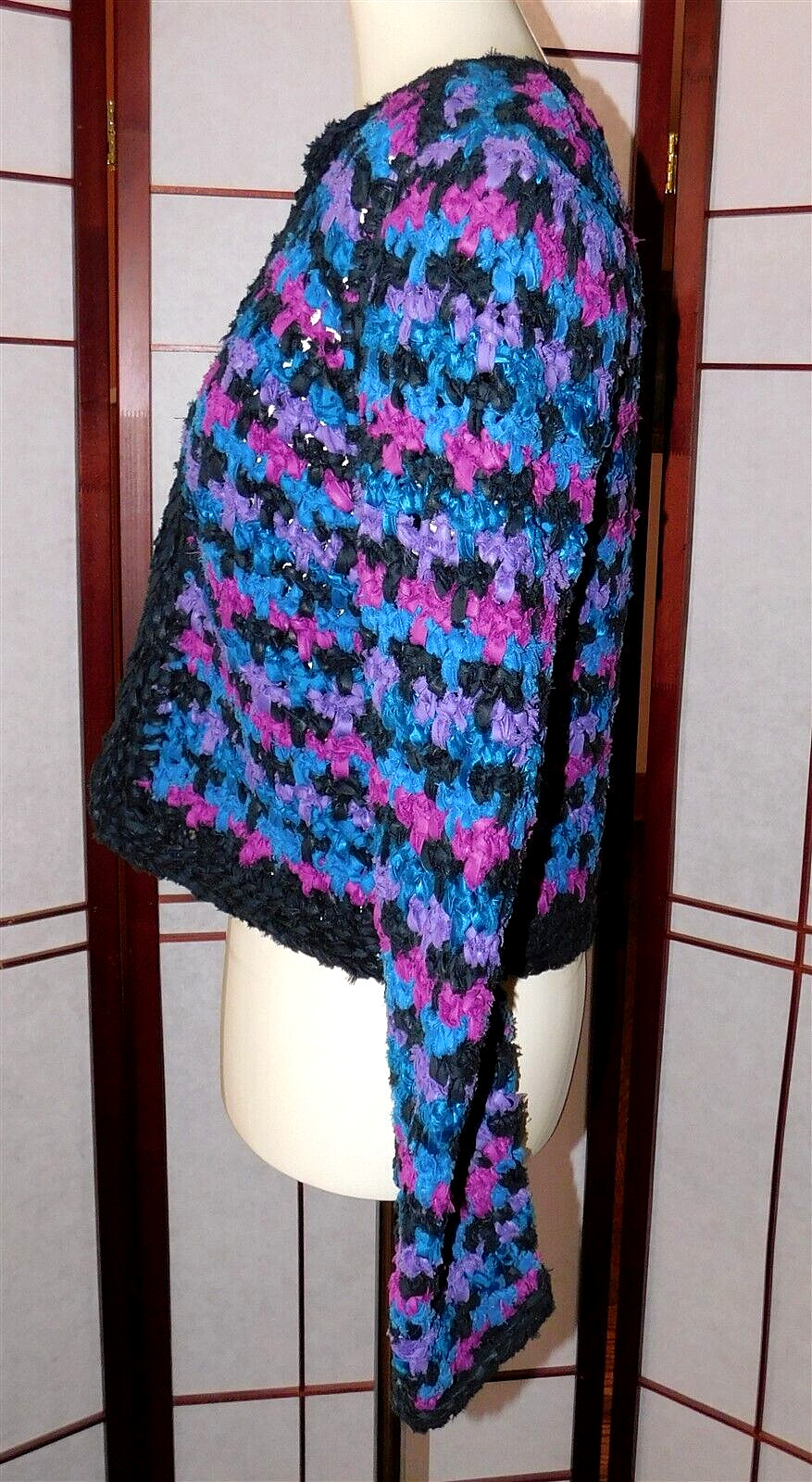 Estelle Gracer Blue Purple Chunky Knit Crop Jacket Sweater 1989 Glam Small