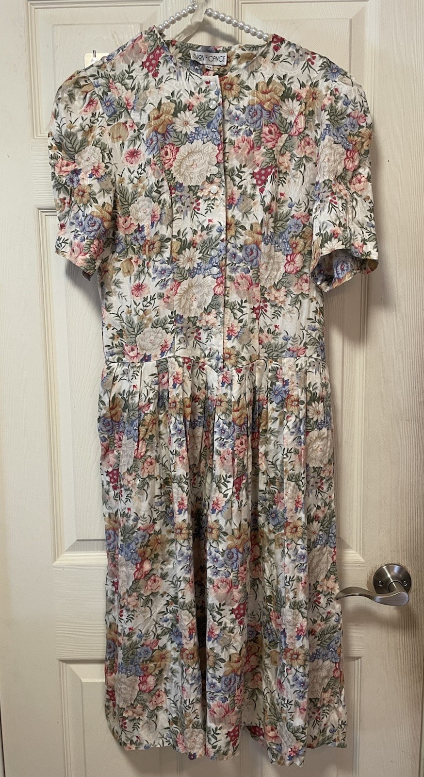 Vtg Significance 90s Cream Floral Cottagecore 10 Midi Dress Buttons & Pockets