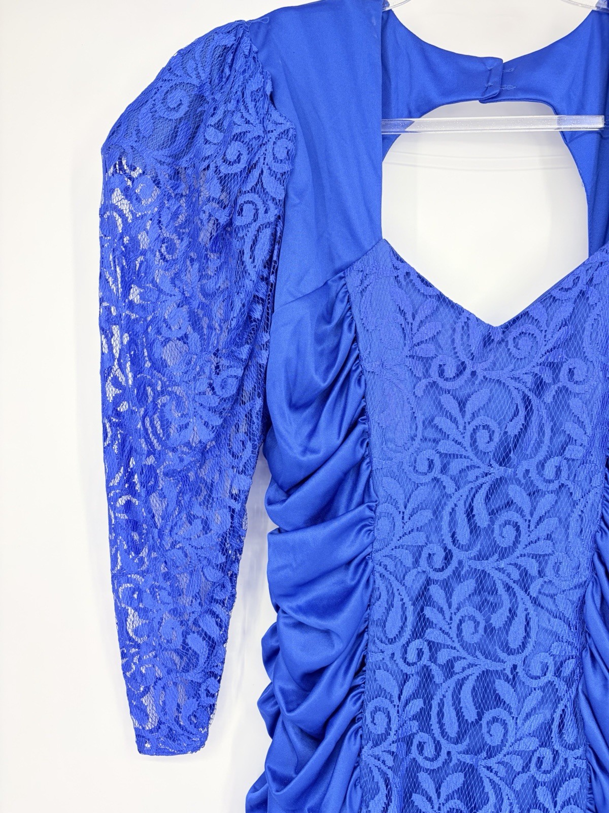 Vintage Mayvens of California Bodycon Lace Ruched Dress Size 13 Puff Sleeves