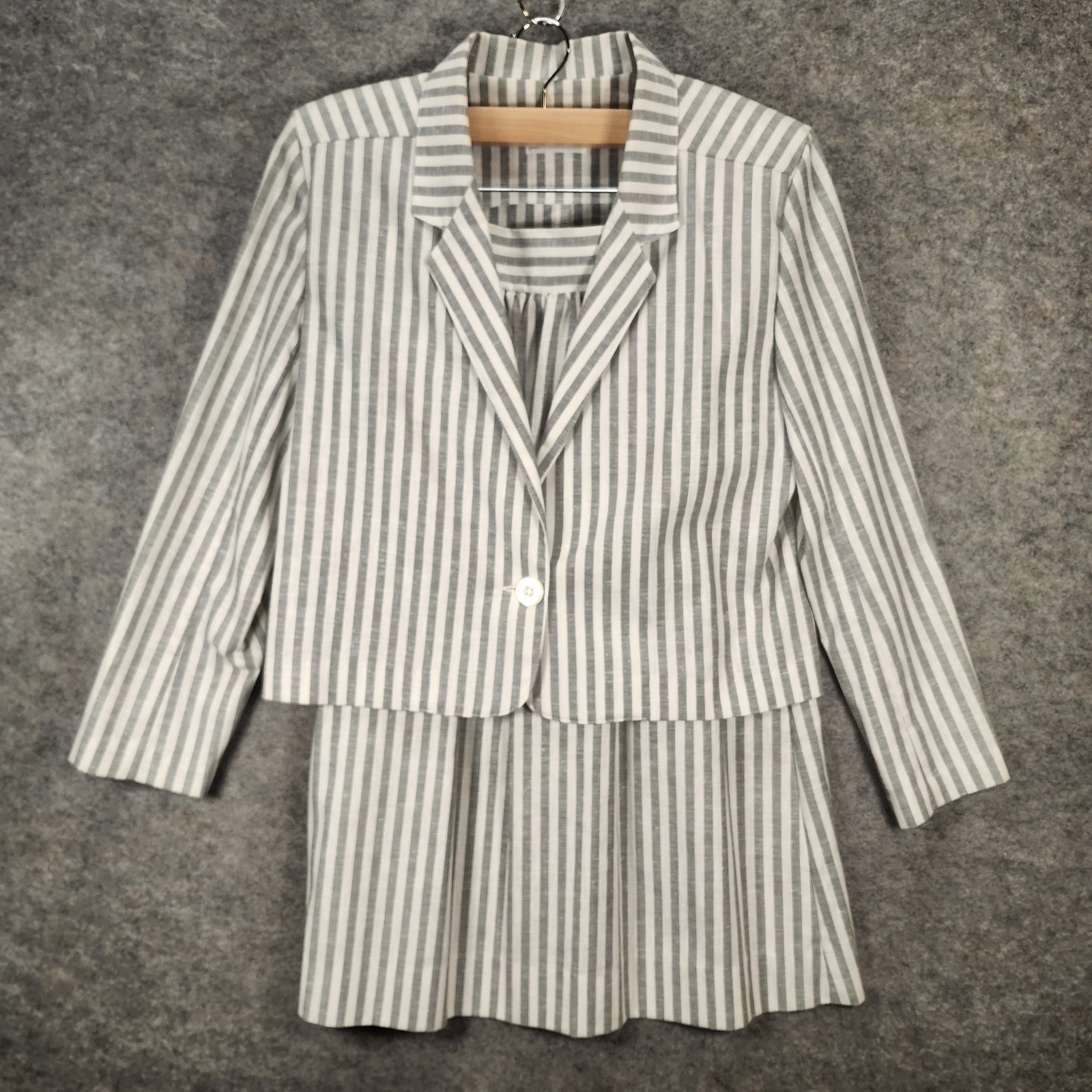 Vintage Pantasia San Francisco Linen Skirt Suit Gray White Striped 80s Pockets