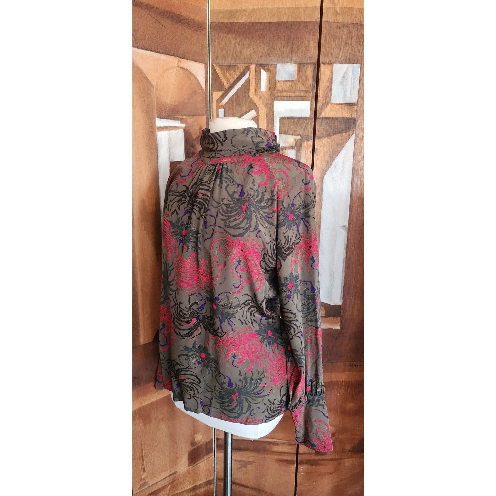 Vintage 80s CHLOE LAGERFELD Blouse Dark Floral Silk Blouse Long Sleeve Large