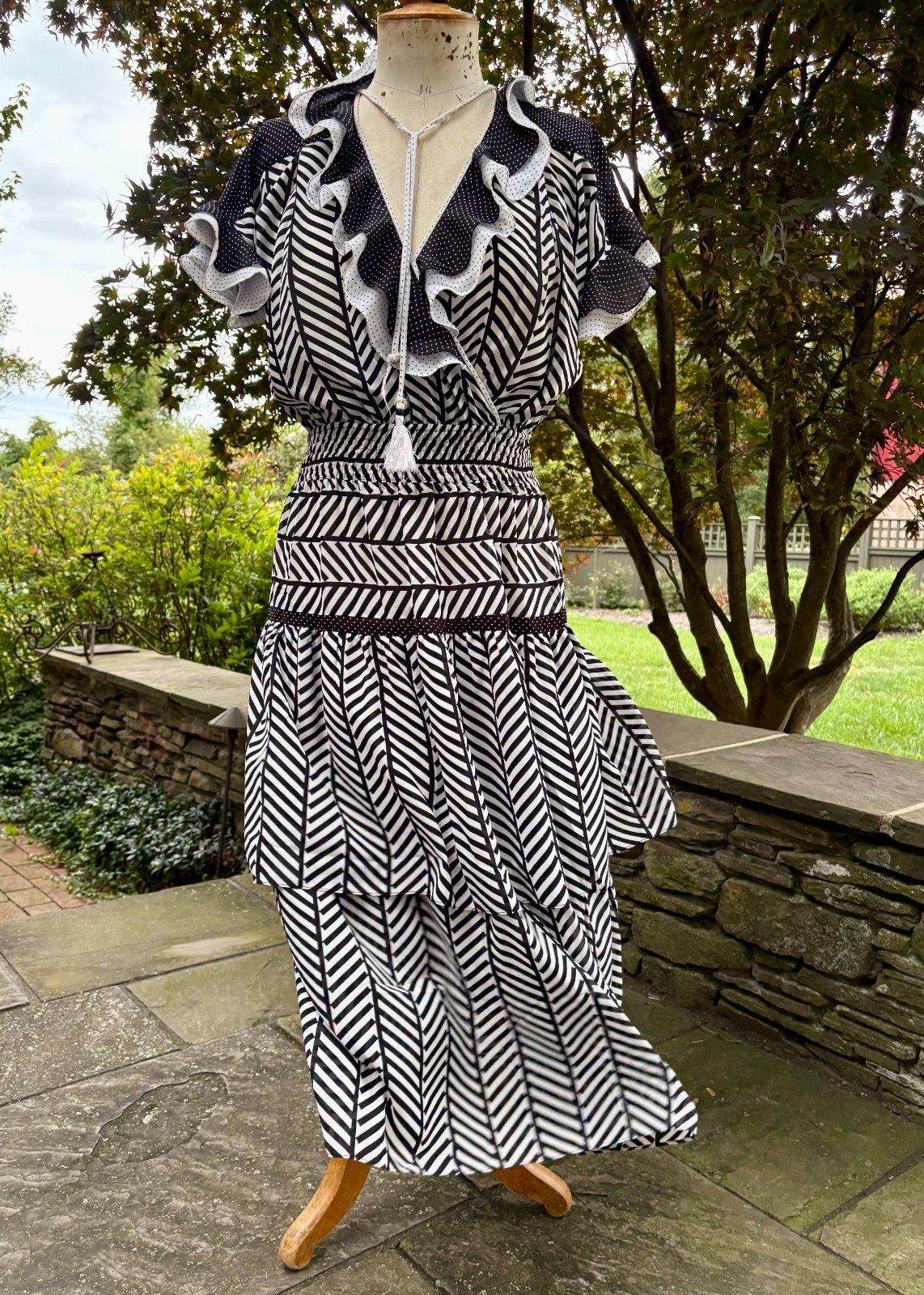maxi DRESS BLACK & WHITE dots stripes tiered poly KANGA LONDON 1980 Gypsy ruffle