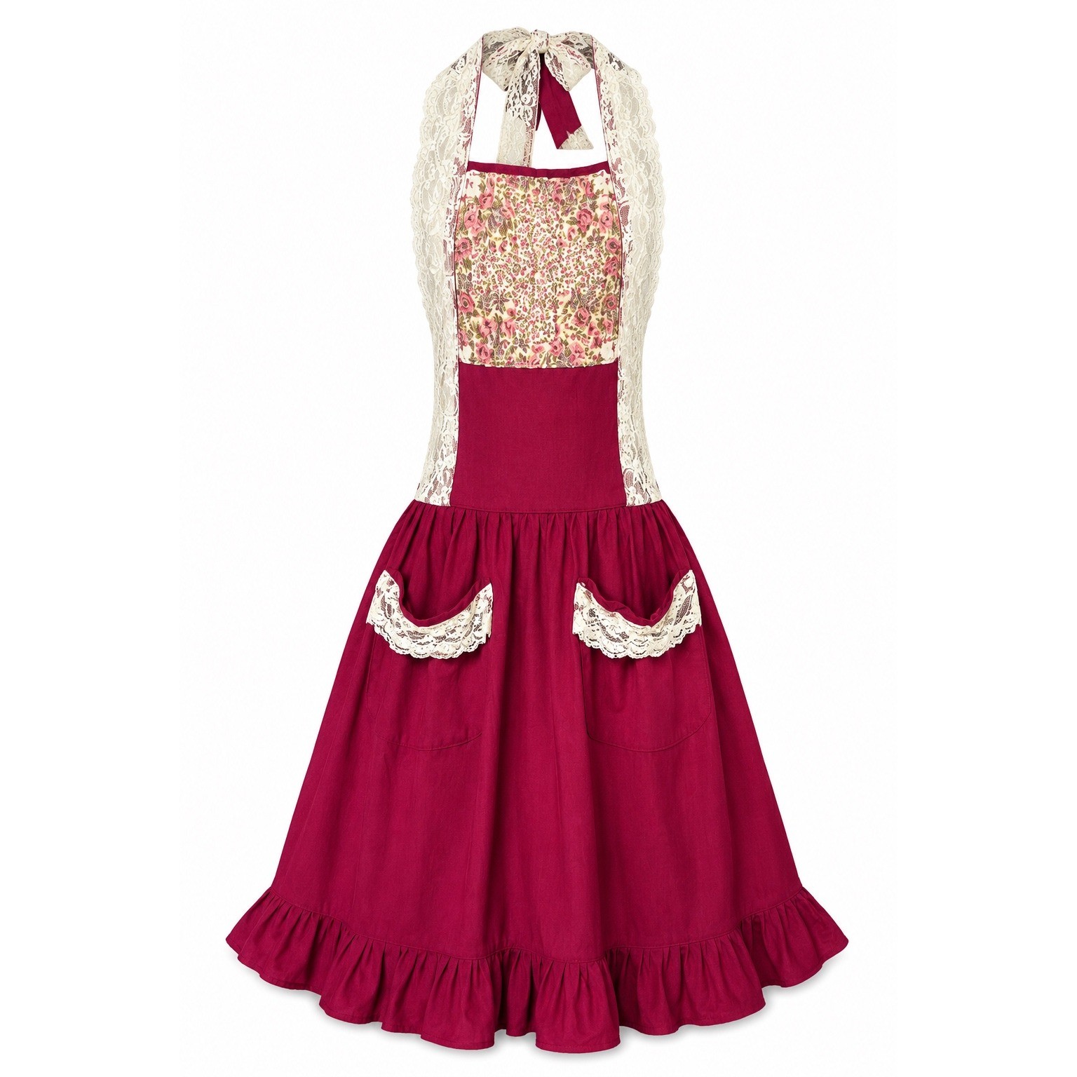 Vintage Cottagecore Floral Lace Trim Pinafore Apron Dress Berry Red Ruffle Hem