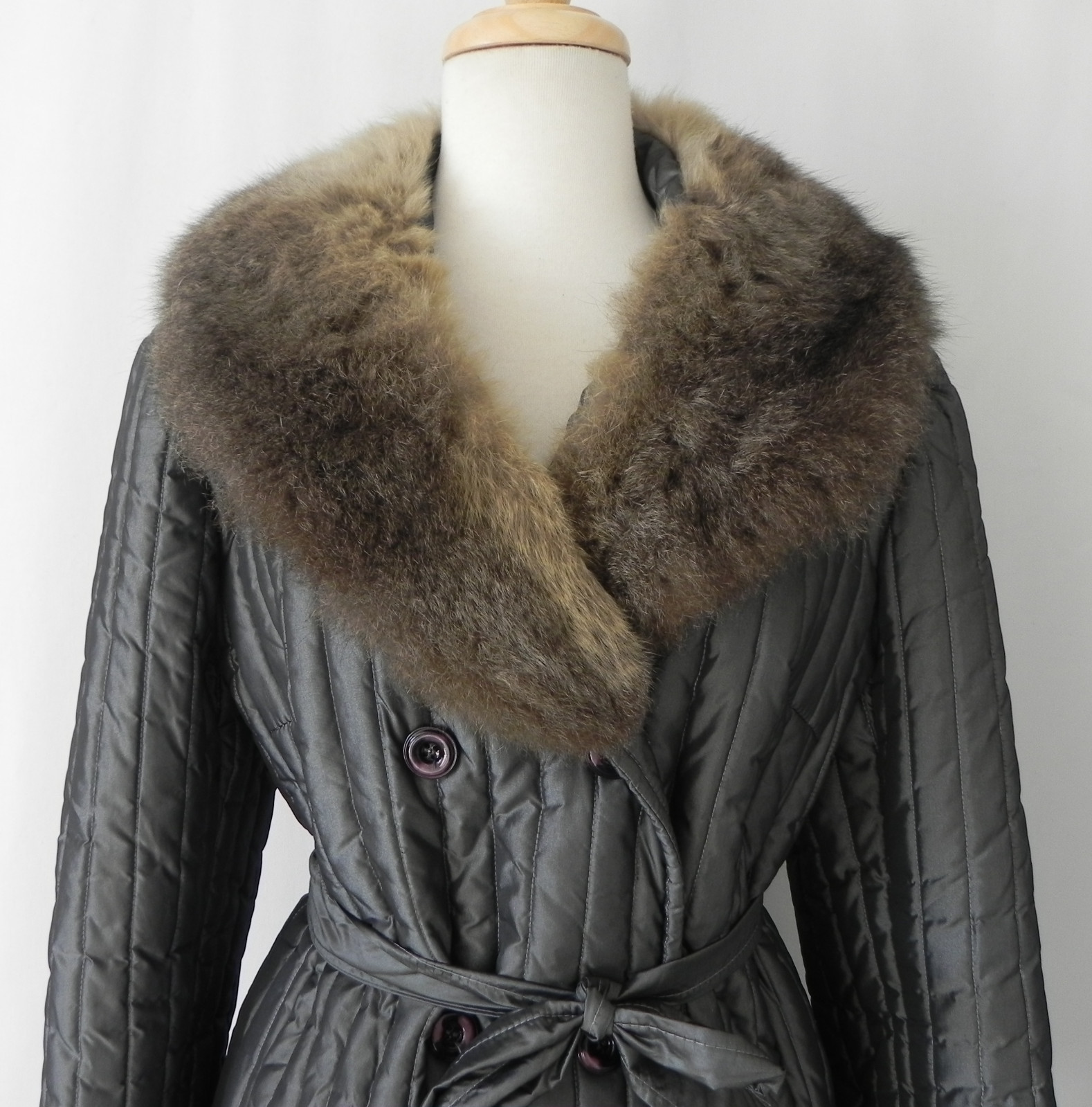 Union Made Quilted Puffer Coat Insulated Gray A-Line Fur Collar Belted Pockets M
