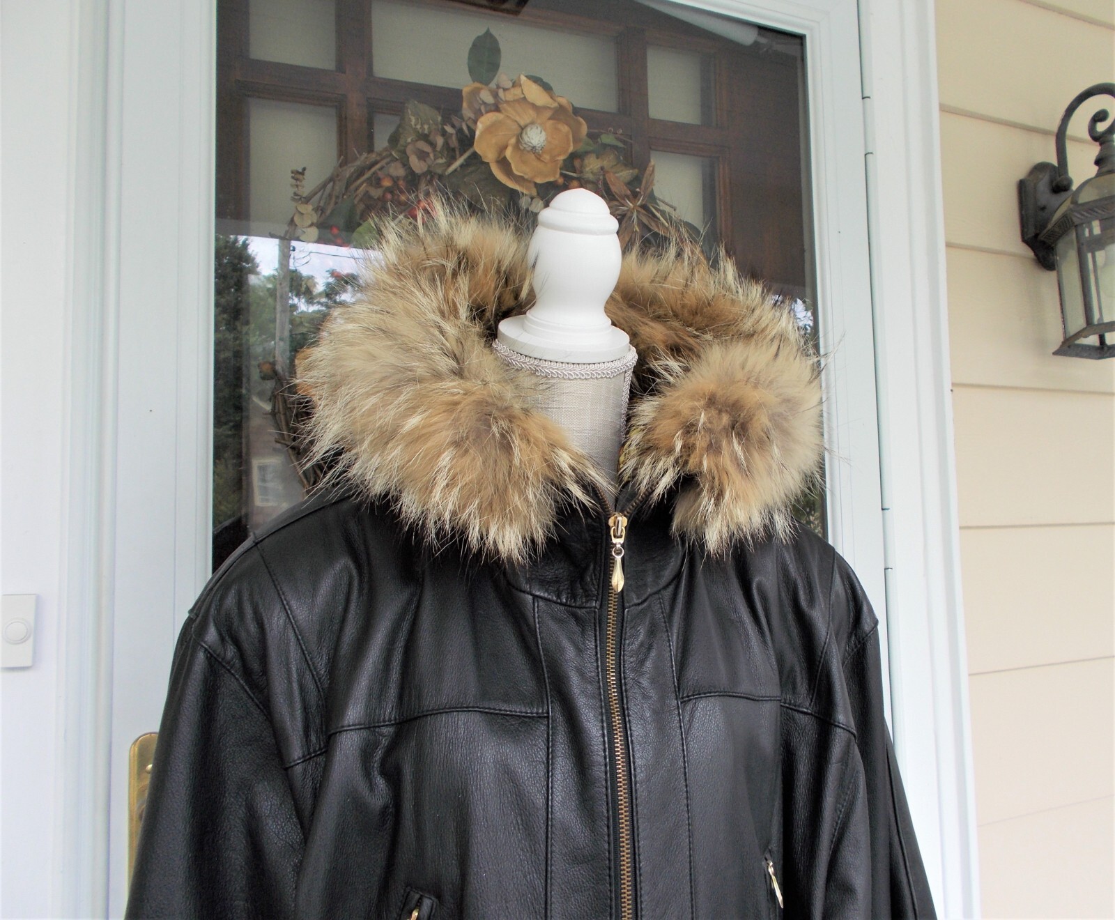 Vntg Jacqueline Ferrar Genuine Leather Jacket Coat Black W/Coyote Fur Hood L/XL