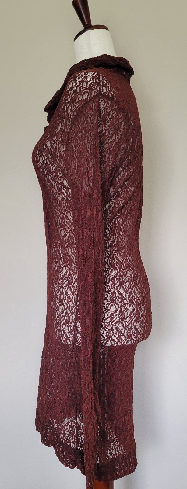 Vtg 70s Mesh Sheer Shirt Dress Size S Dark Romantic Ruffle Collar READ Vamp Goth