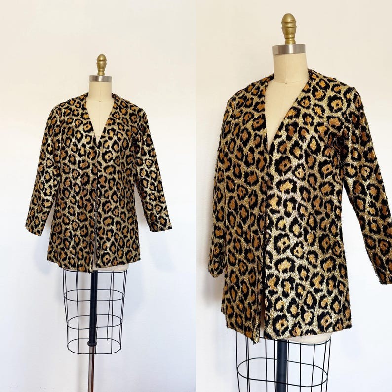 1970s Leopard Print Jacket / Metallic Jacket / Gold Leopard Print / Size Large