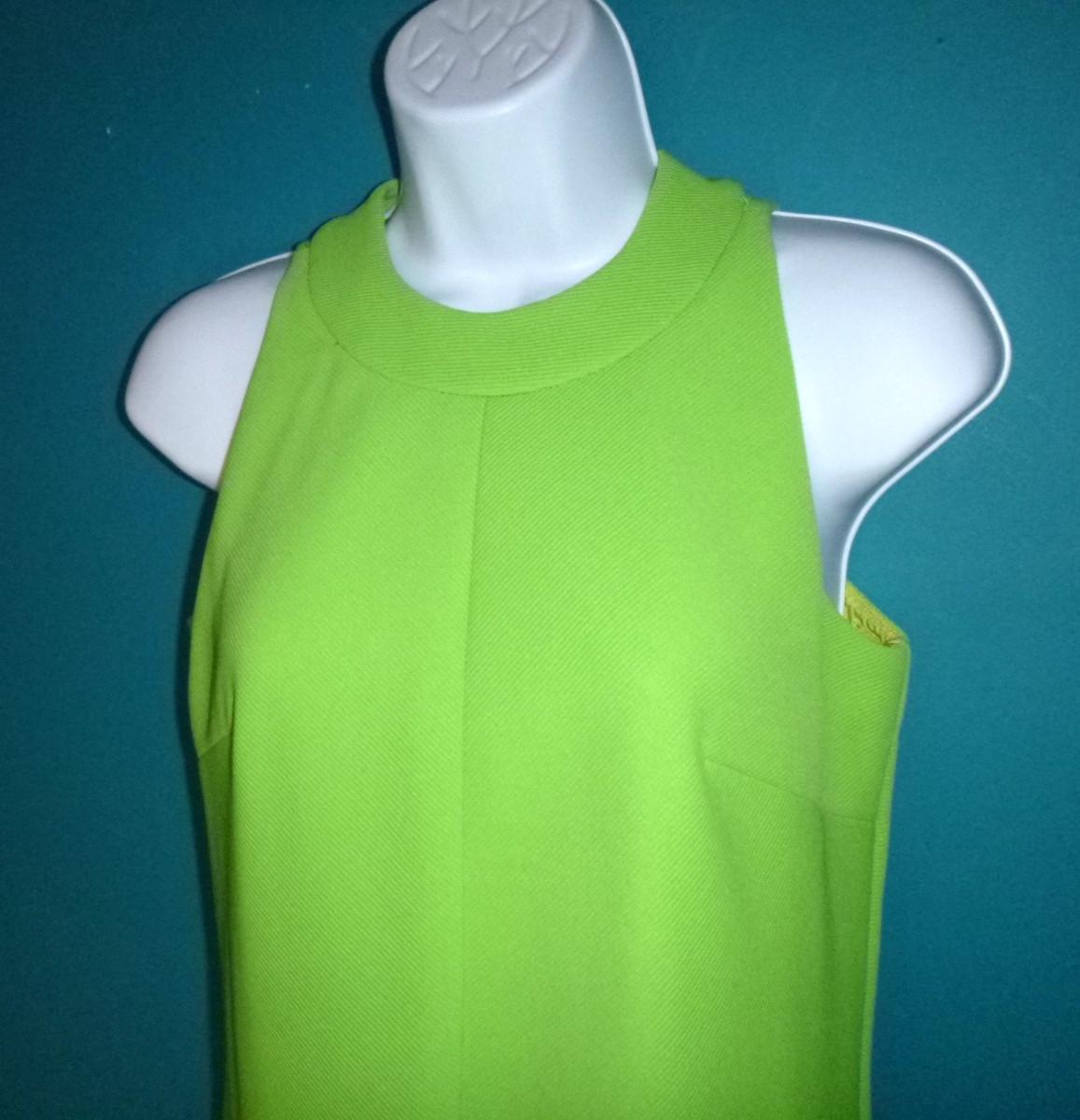Vtg 60s 70s Gay Gibson MOD Bright Green Ribbed Poly Dress Unique Back Sz S/M