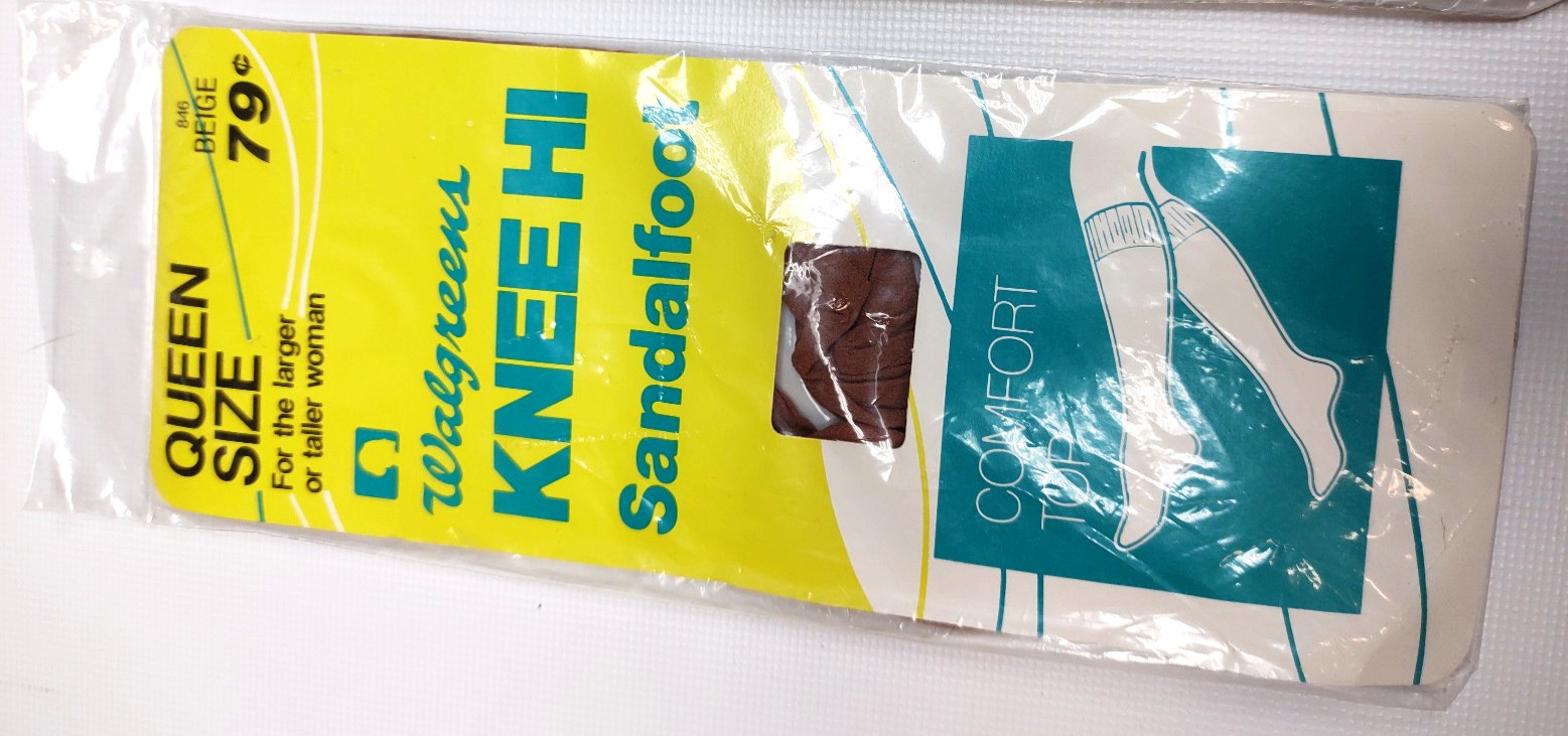 4 Vtg NIP Queen Beige 846 Walgreens KNEE HI Sandalfoot Comfort Top Sheer Stretch