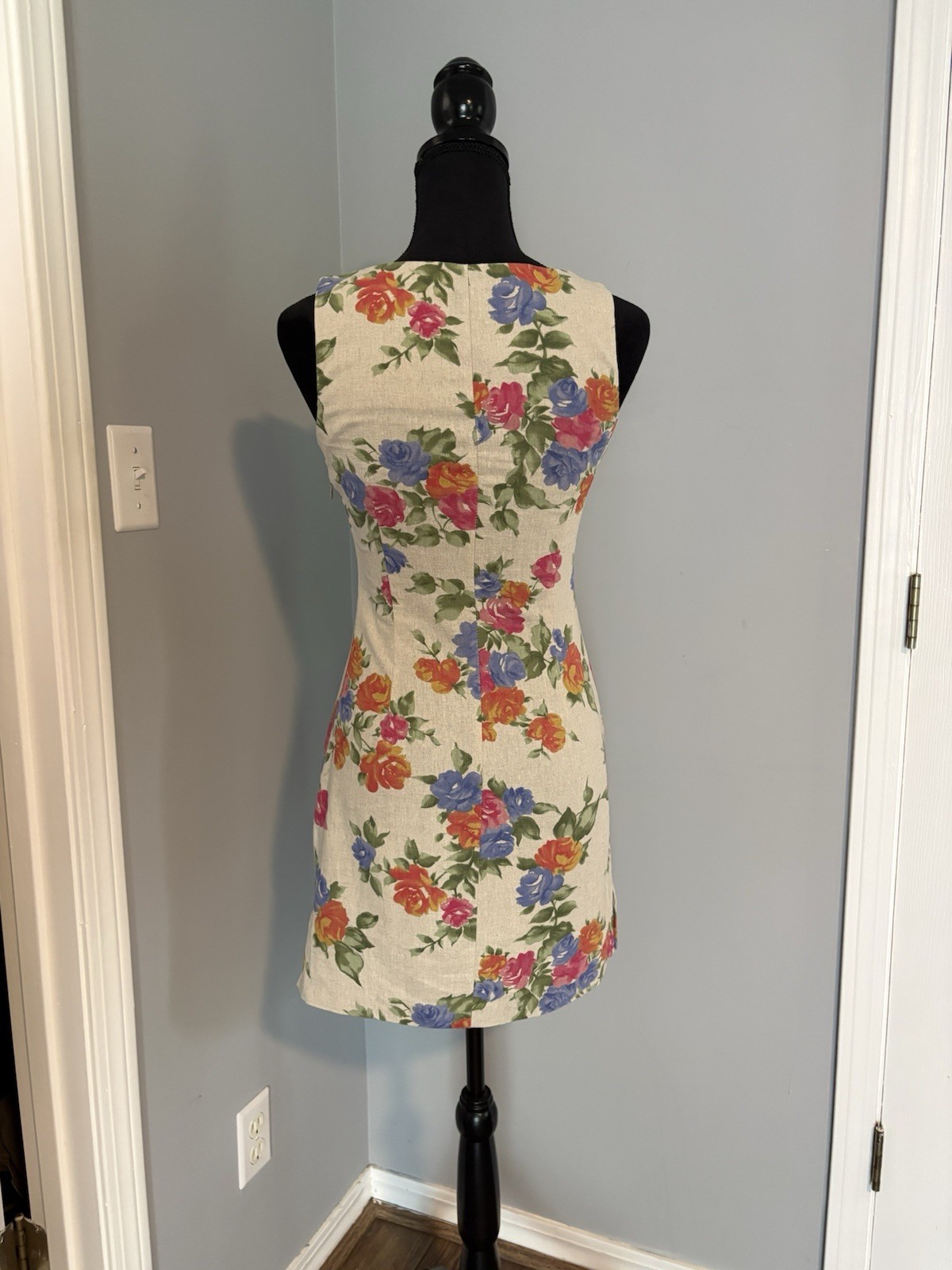Vintage 90s Raw Silk Mini Sheath Dress Wallpaper Roses Rustic Texture Minimalist