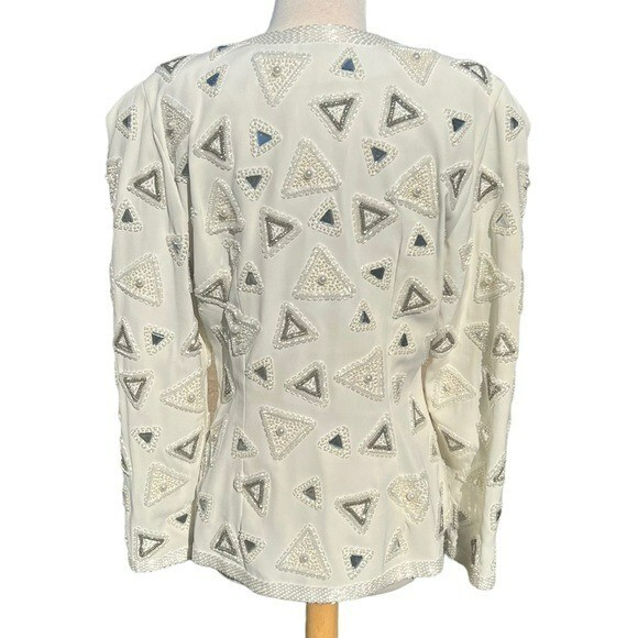VTG Beaded Evening Jacket Heavily Embellished Winter White Pearl Triangle Sz 10