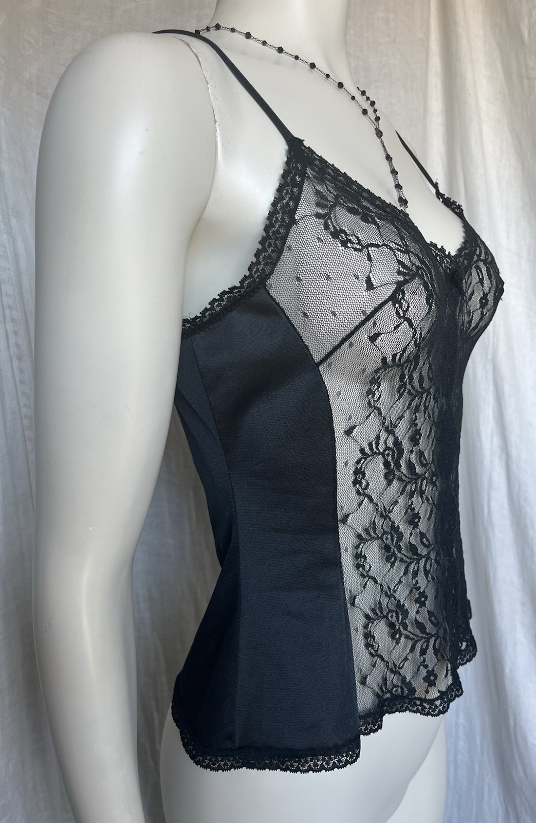 Vintage Lace Camisole Slip Top Black Sexy Evening Gothic Romantic 70s Lingerie M