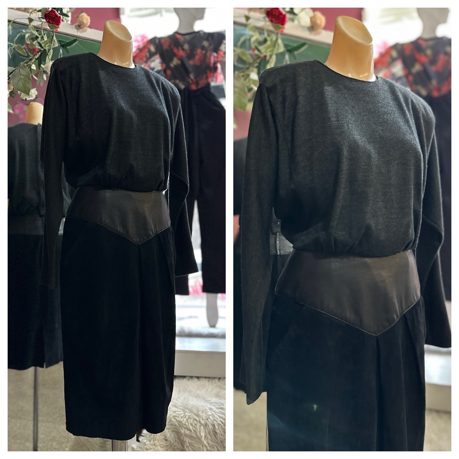 Vintage 80s Pencil Dress Gray Black Leather Suede New Wave St Gillian S