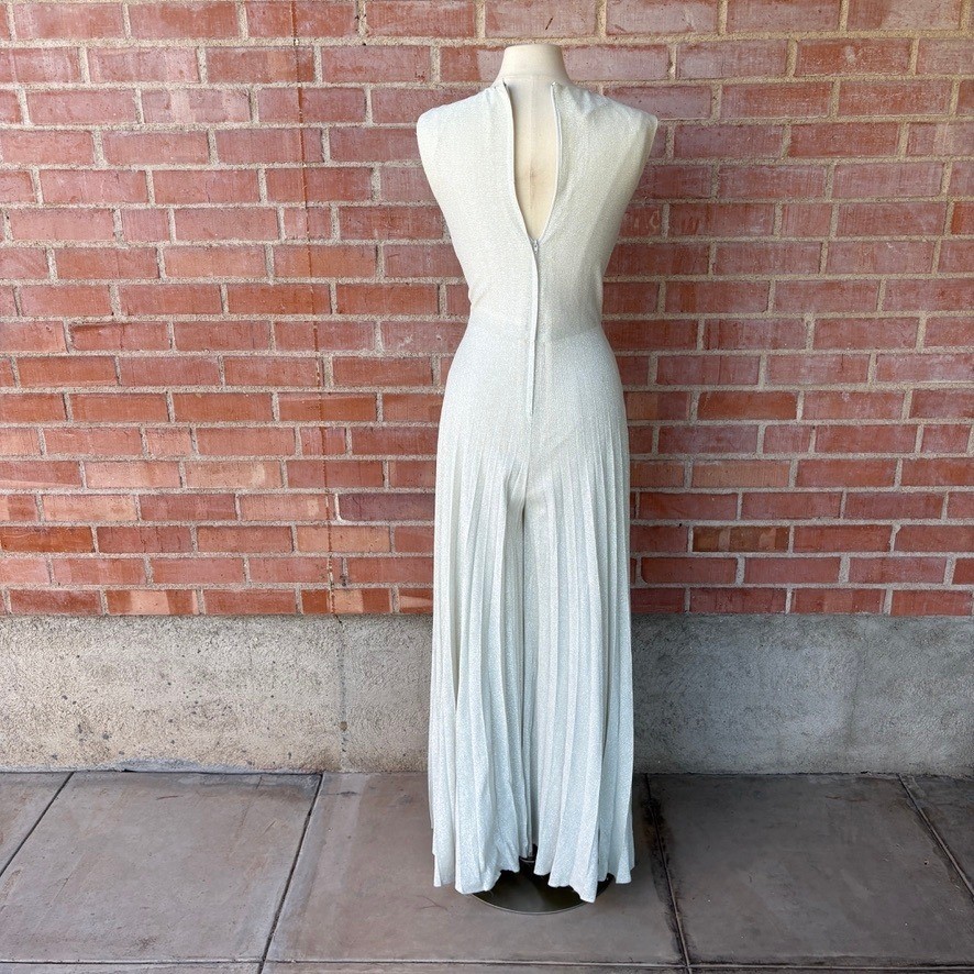 Vtg Miss Shaheen Silver Pleated Wide Leg Jumpsuit Size 10 Disco Retro