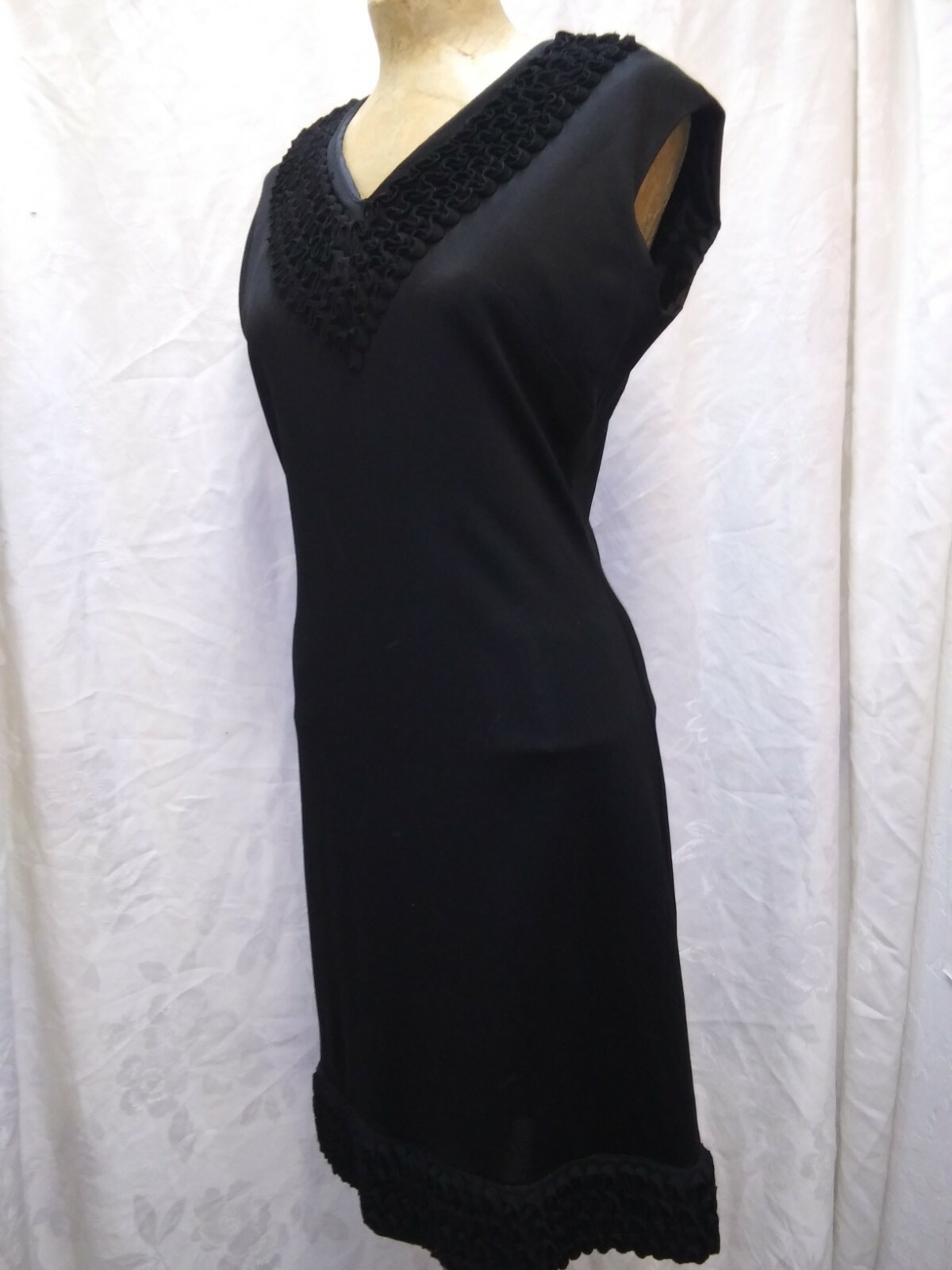 Vintage 1950’s 60’s Black Silky Rayon & Chiffon Elegant Cocktail Dress S/M