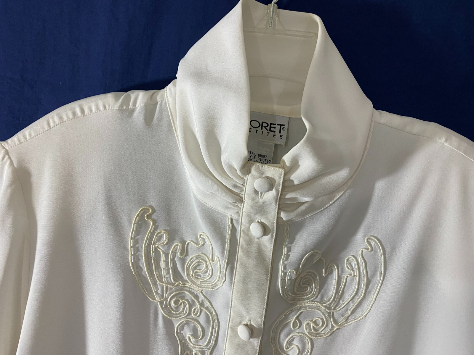 1980’s Beaded Blouse-Koret Petites -PM-White-High Collar-VICTORIAN LOOK- SALE