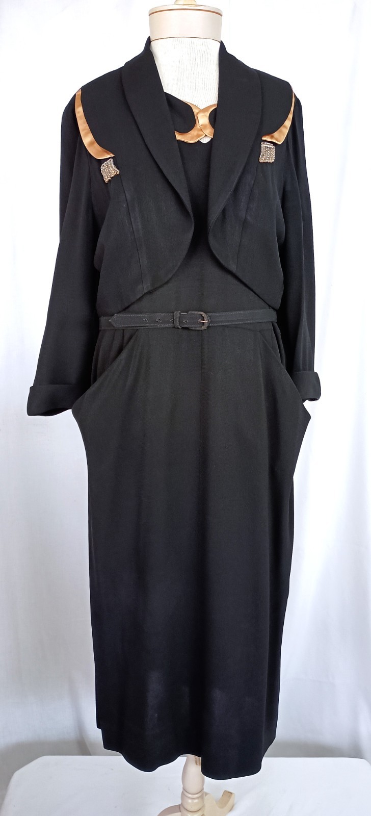 Vtg1940s Blk 3Pc Rayon Dress Jacket Belt With Satin Bead & Rhinestone Accent XL