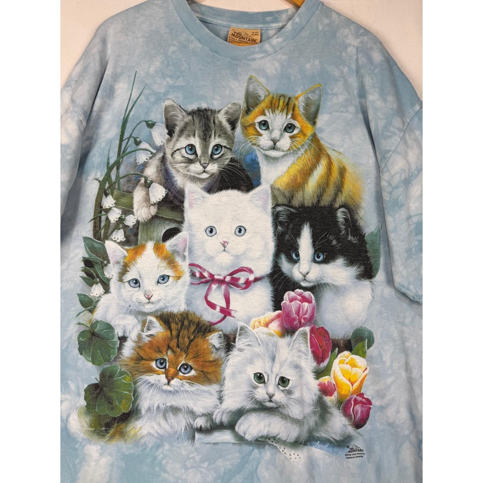 Vintage The Mountain Kitten Cat Tie Dye Tee Shirt dress Blue Y2K One Size OS AOP
