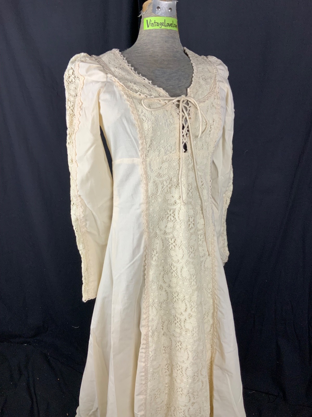 GUNNE SAX BY JESSICA Vtg 60s Ivory Lace Prairie BLACK LABEL Dress-Bust 33/2XS