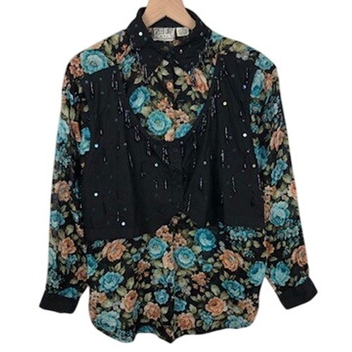 VTG Speed Limit MPH Floral Beaded Sequin Vest Overlay Shirt Women’s M Western