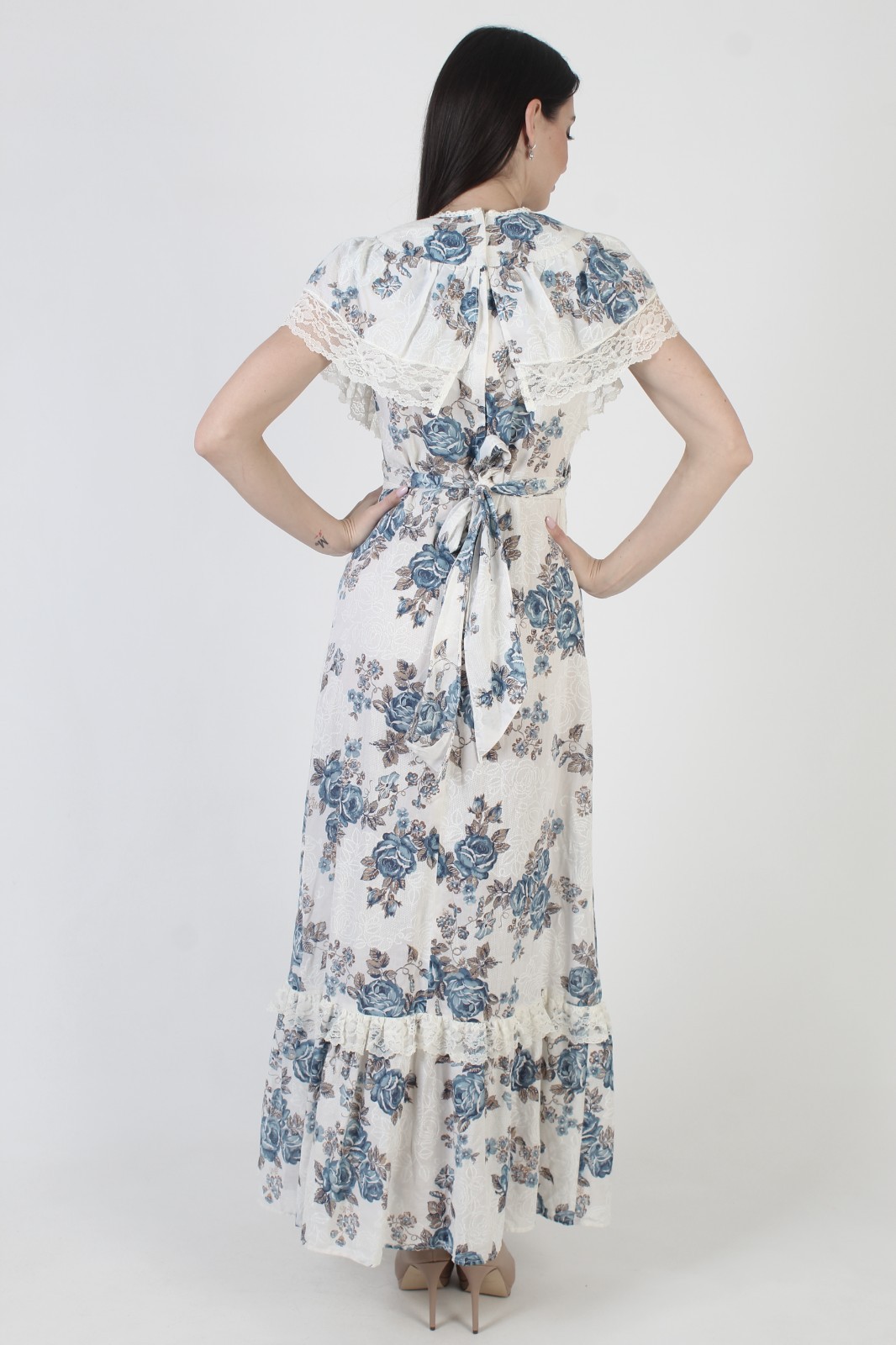 Vtg White Prairie Dress 70s Boho Wedding Lace Cottage Peasant Maxi Sundress