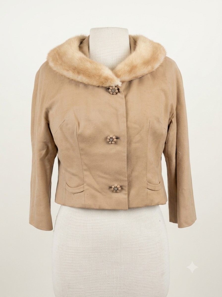 1950’s 60s Cropped Camel Wool Evening Jacket Mink Fur Collar Bracelet Sleeves M