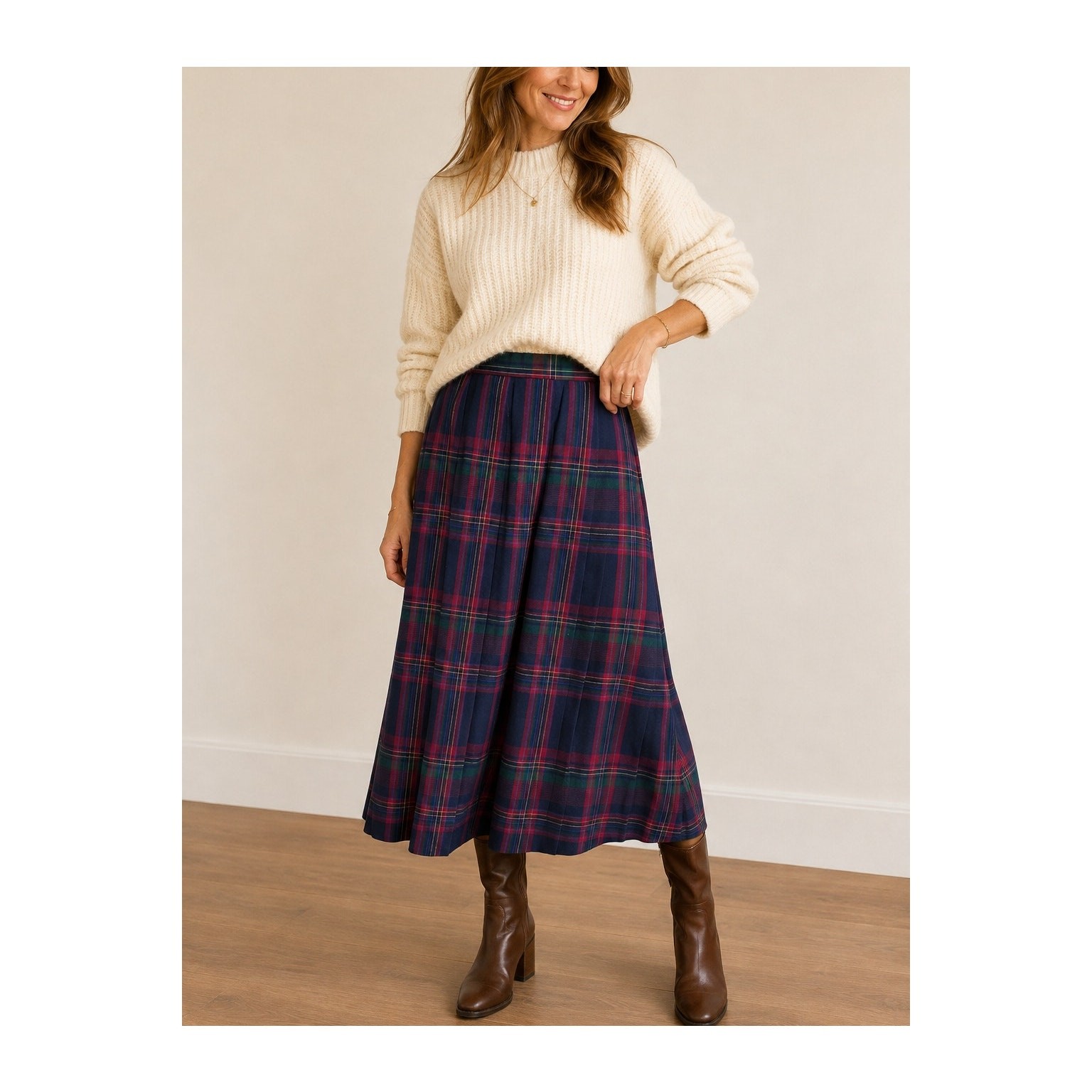 Pendleton 100% Wool Tartan Plaid Midi Skirt Drop Pleated Red Green Navy USA
