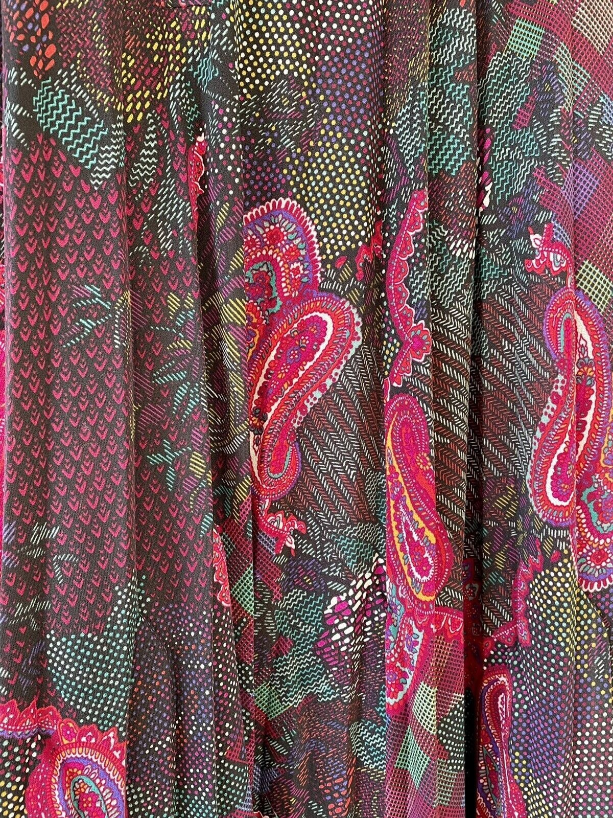 Boho Multicolor Paisley Day Dress ¾ Sleeve Belted Pleated Vintage 70’s