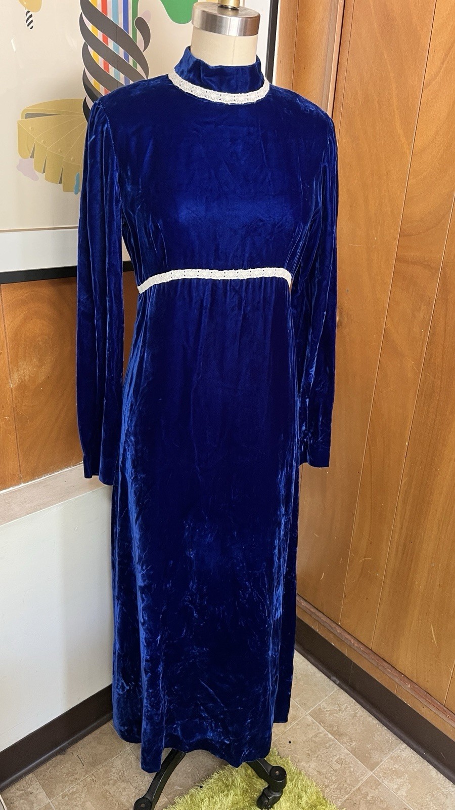 VTG Blue Velvet Dress Sz XS white crochet detail midi maxi sapphire