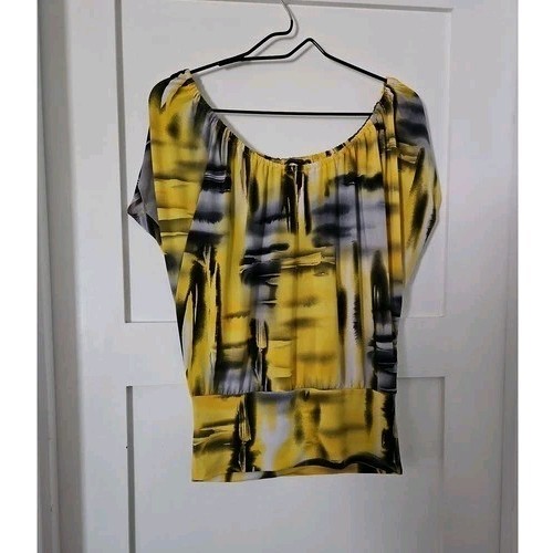 Vintage Y2K Abstract Print Blouse Medium Yellow & Grey Retro Dolman Sleeve