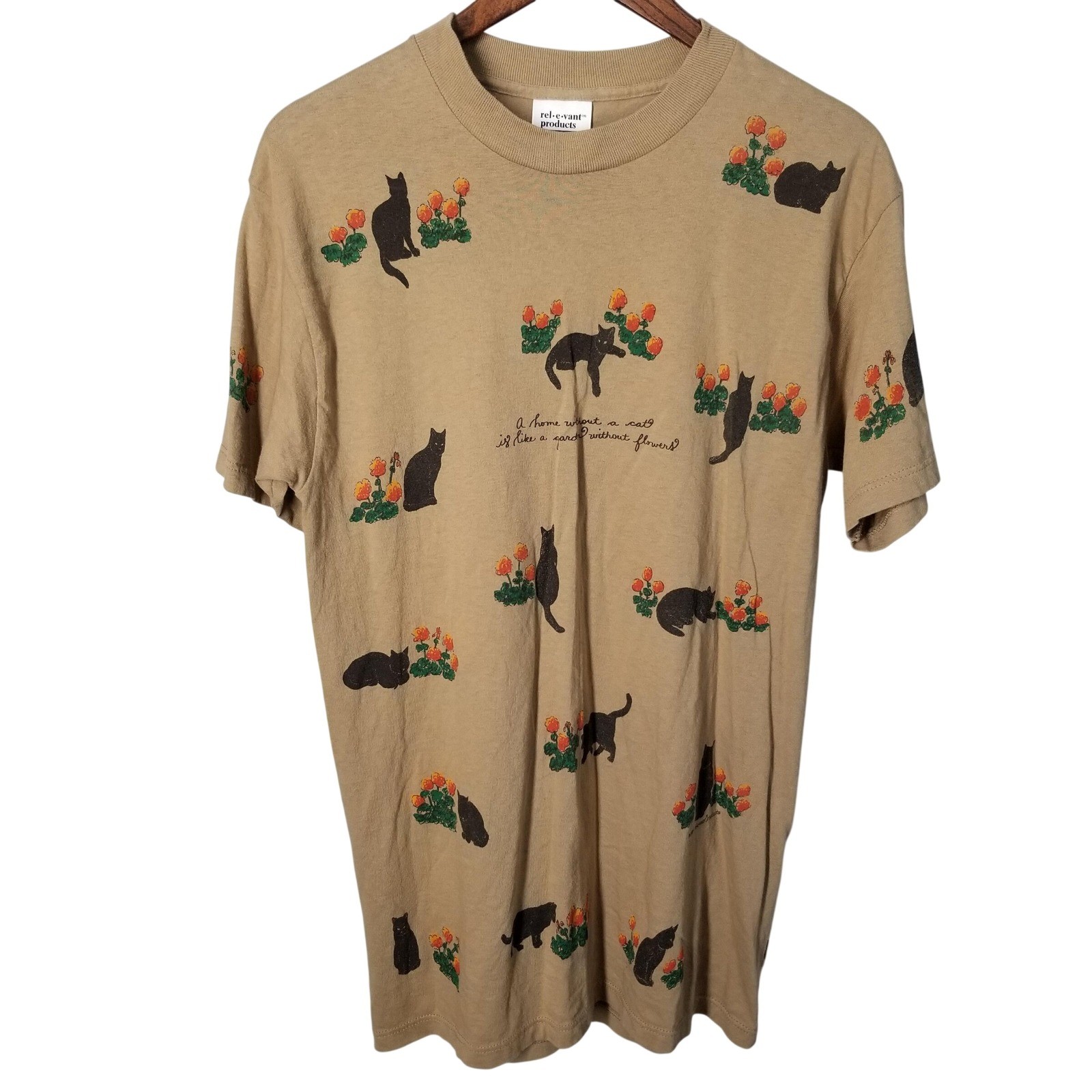Vintage Painted Lady Cat Flower Cat Lady TShirt Tan Womens Medium USA Made