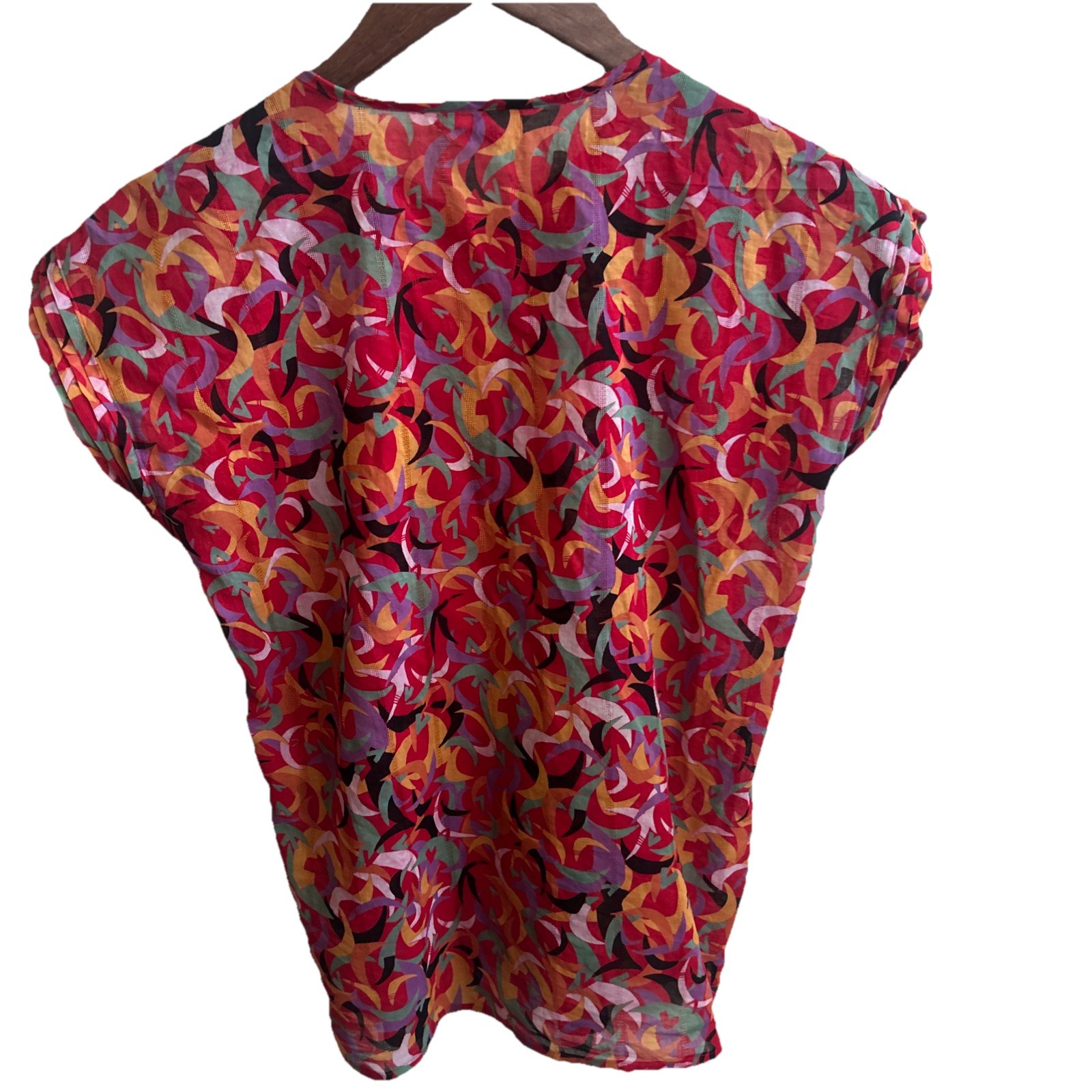 Vintage 70s Franck Olivier Silk Blouse – France Red/Multicolor Geometric 38 Bust