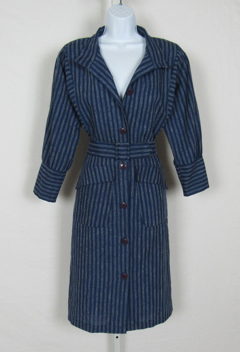 VTG 1970s 80s ALEXIS FASHIONS INC. DRESS SIZE 8 BLUE GRAY COTTON BLEND? BELT