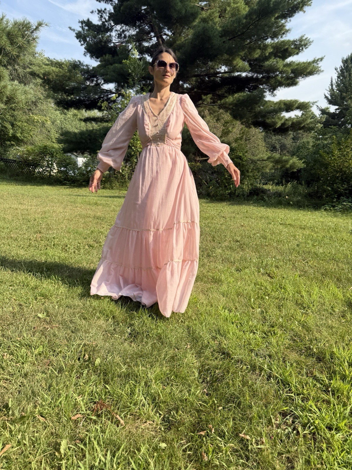 Vintage 70s Jody T Pink Prairie Maxi Dress Cottagecore Boho Fairy Size 13