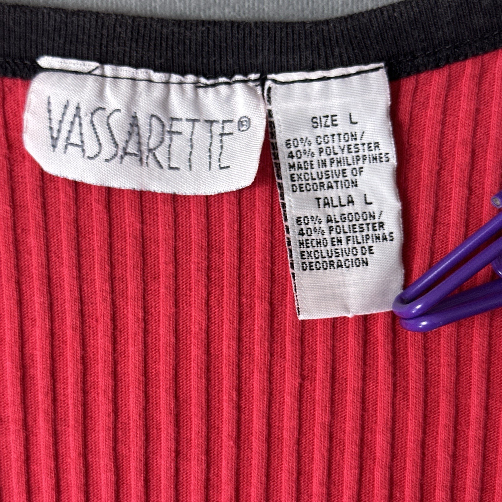 Vintage Vassarette Ribbed Baby Tee Red Black V Neck Logo Top Large 90s Y2K