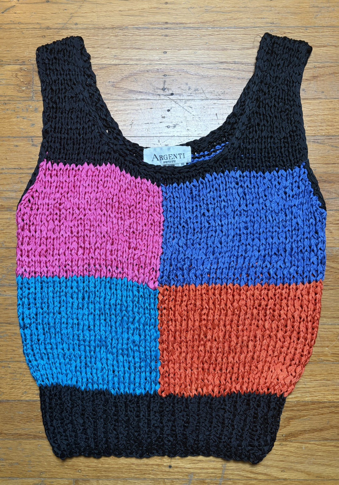 Vintage 90s Argenti Tank Top Sz 10 Bold Sleeveless Knit Black Pink Blue Red